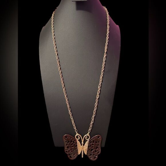 Anthropologie Brown Butterfly Gold Tone Long Necklace NWT - Picture 1 of 4